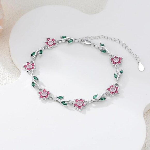 Women’s Peach Blossom Sterling Silver Birth Flower Bracelet with Agate, 9.5-inch - Picture 3 of 8